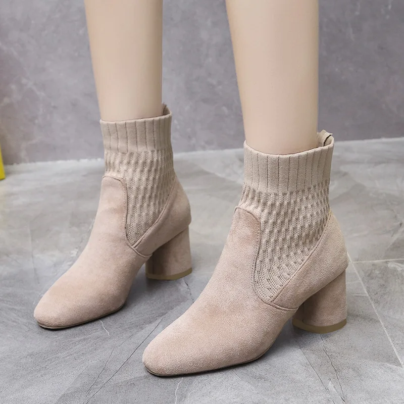 

Pointed Ankle Boots Winter Women New Casual Chelsea Boots Women Medium Heel Knitted Sock Boots Women Faux Suede Female Heels