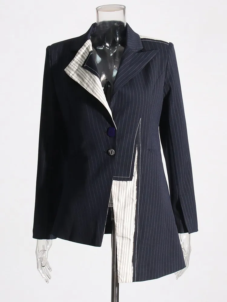 BPN Asymmetrical Striped Blazer For Women Notched Collar Long Sleeve Hit Color Spliced Buttons Temperament Blazer Female Fashion