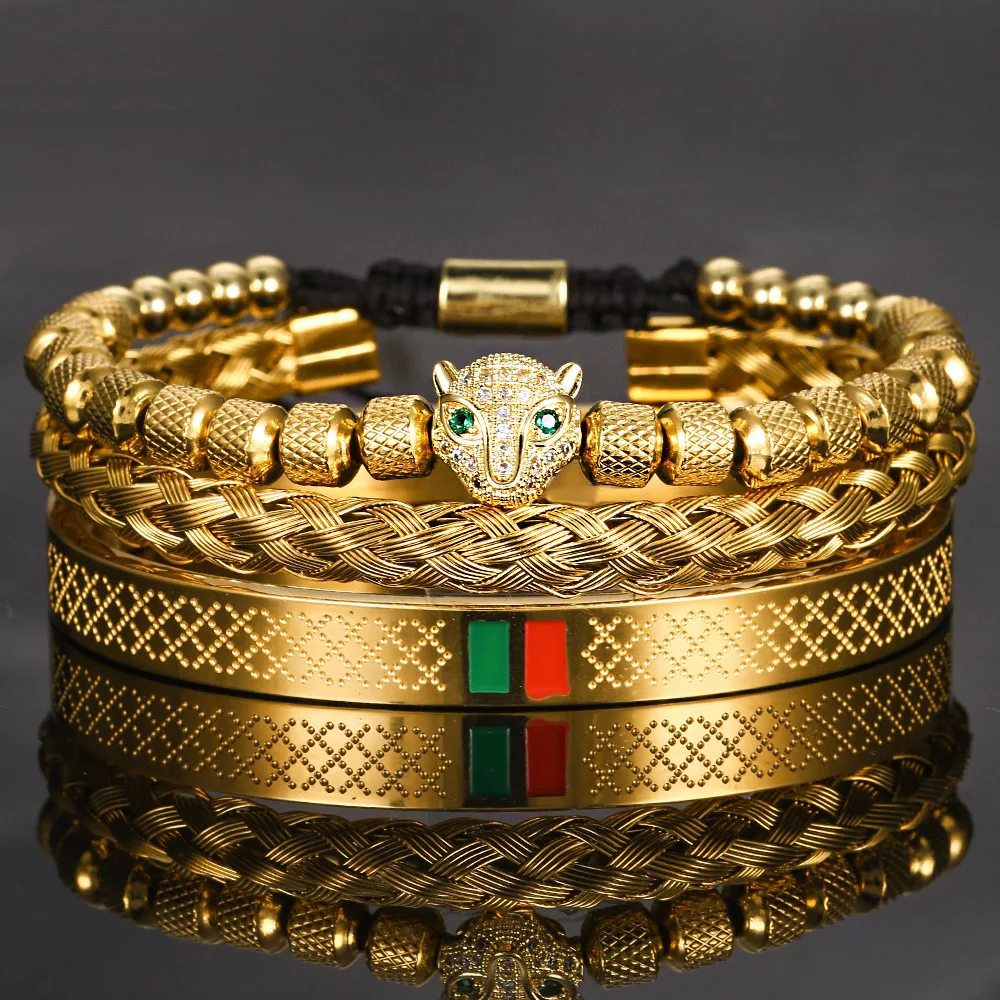 

Роскошный золотистый браслет с головой леопарда из нержавеющей стали для мужчин, подходящие браслеты, мужской браслет из нержавеющей стали, дизайнерские украшения