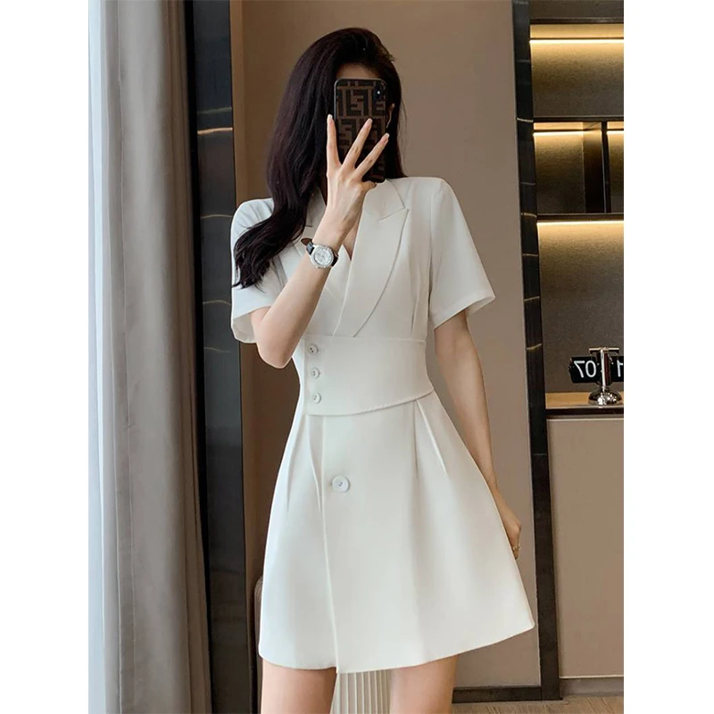 Summer New Office Lady Elegant Fashion Waist Dress Femme Short Sleeve Temperament Solid Robe Vestidos De Fiesta Women\'s Clothing