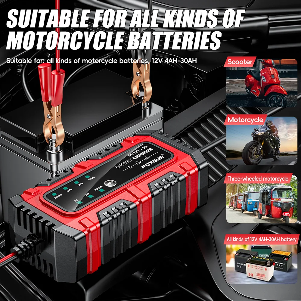 12-V-Motorrad-Batterieladegerät und -wartungsgerät, Digitalanzeige, Autobatterie-Ladegerät, 1,5 A, vollautomatisches Erhaltungsbatterie-Ladegerät – Detail 1