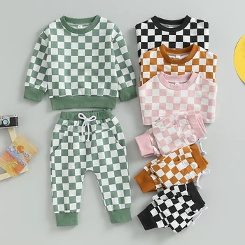 0-5Years Toddler Girls Boys 2Pcs Fall Clothing Outfit Plaid Long Sleeve Crew Neck Hoodie Sweatpants Set 1
