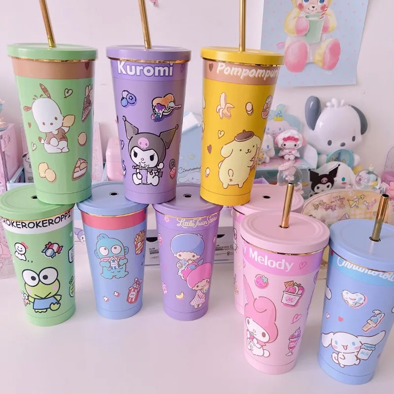 

Sanrio Cinnamoroll Kuromi My melody stainless steel straw cup for boys and girls cartoon animation large capacity drinking cup