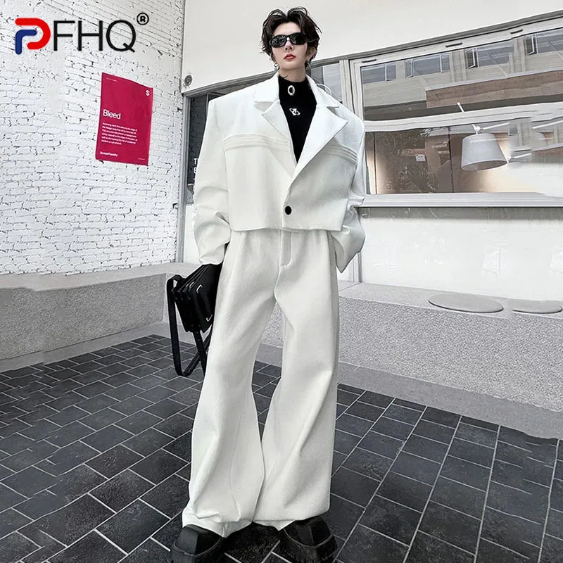 

PFHQ Sequin Male Suit Pleated Turn-down Collar Button Men Short Blazers Chic Solid Color Men's Wide Leg Pants Spring New 9C4756