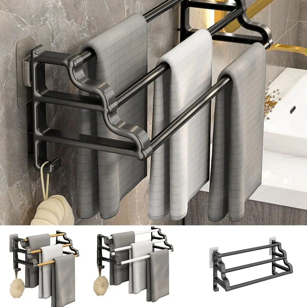 

Black Three Rods Towel Rack Punch-free Wall Mounted Multilayer Towel Bar Space Saving with Hook Towel Storage Rack for Bathroom
