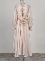 فستان IEQJ عتيق بفتحة رقبة على شكل حرف v مزين بالزهور ثلاثي الأبعاد للنساء فساتين بأكمام واسعة موضة 2023 ملابس ربيع جديدة CP0883 1