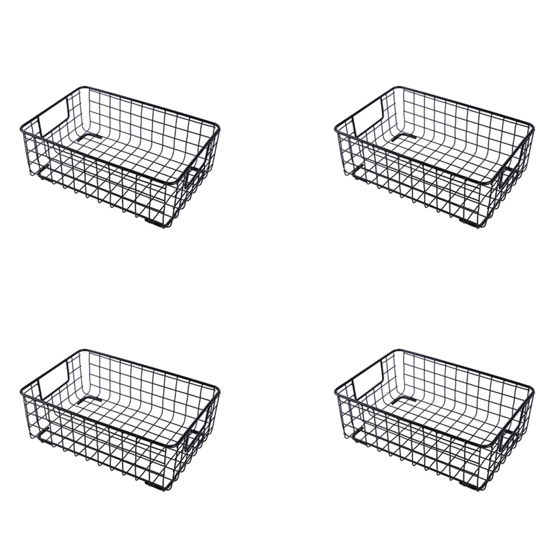 

4X Creative Metal Wire Storage Basket With Handle Wrought Iron Sundries Container Kitchen Black