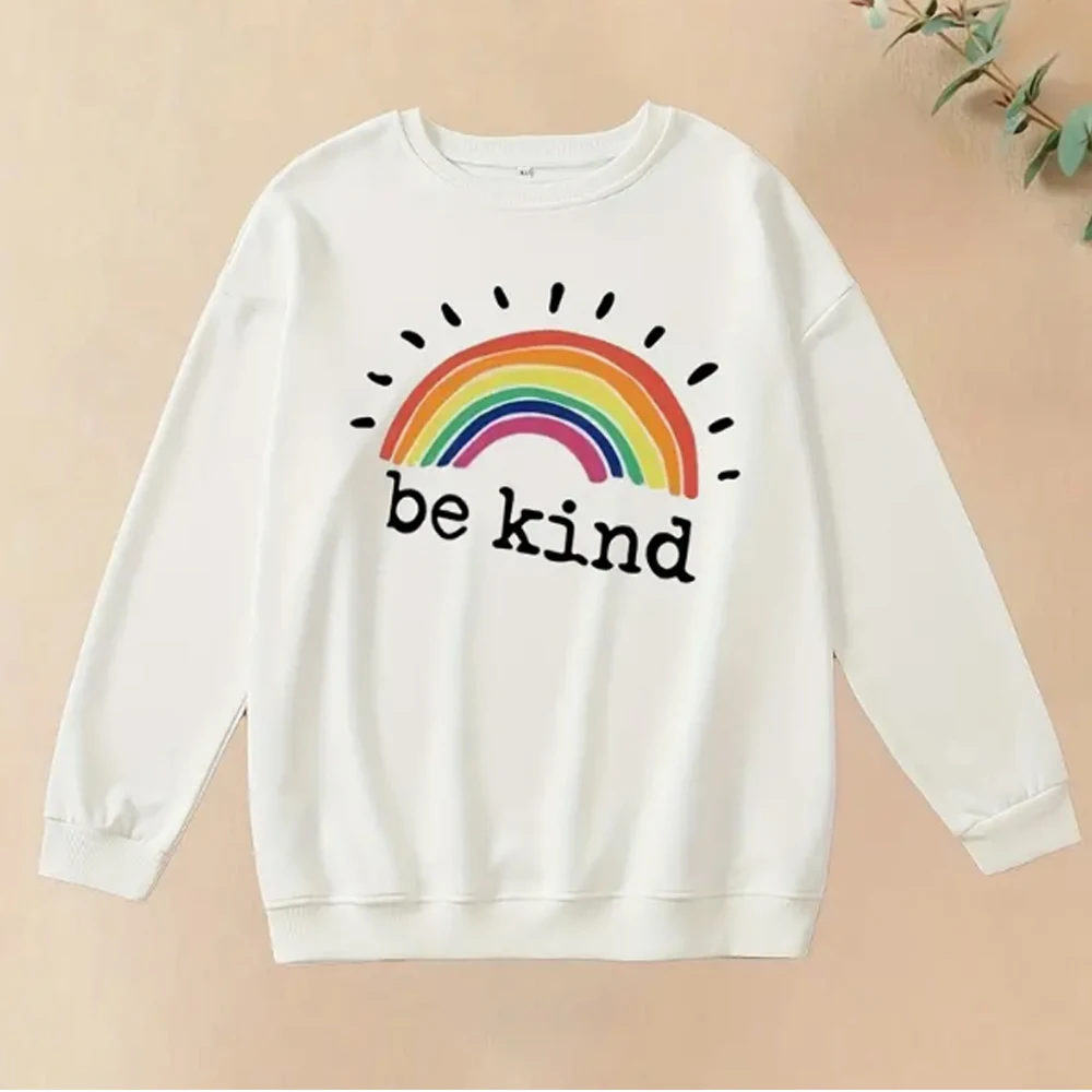 Plus Size Casual Sweatshirt Women's Plus Rainbow & Slogan Print Round Neck Slight Stretch Long Sleeve Sweatshirt