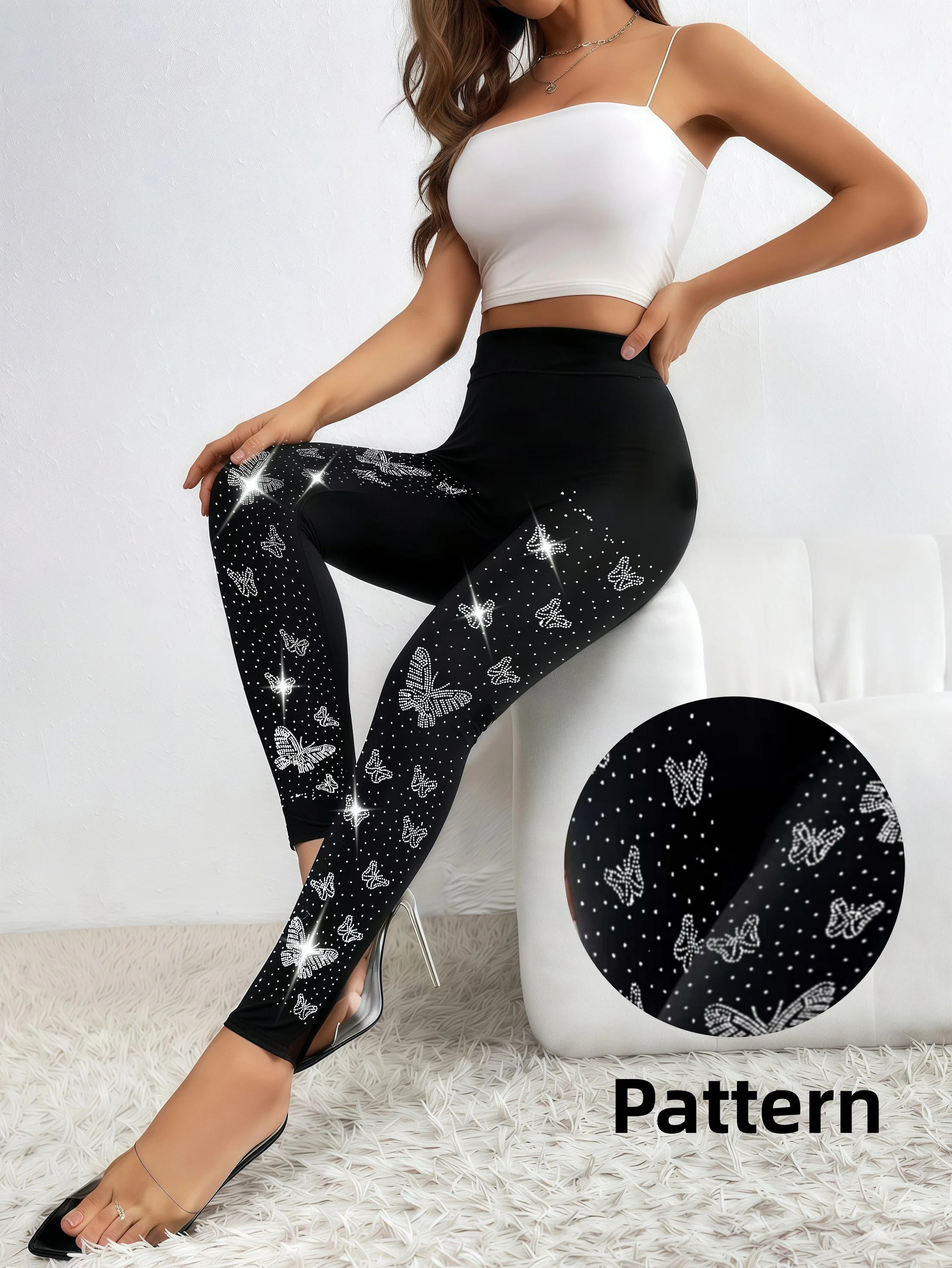 Women's High Waisted Rhinestone Butterfly Leggings Sparkly Crystal Bling Embellished Yoga Pants Sexy Slim Fit Tights Black 2