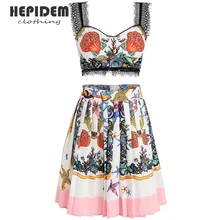

HEPIDEM Clothing Beach 2pcs Set Women Floral Printed Short Straps Tops and High Waist Pleated Mini Skirt Suit Spring 6865