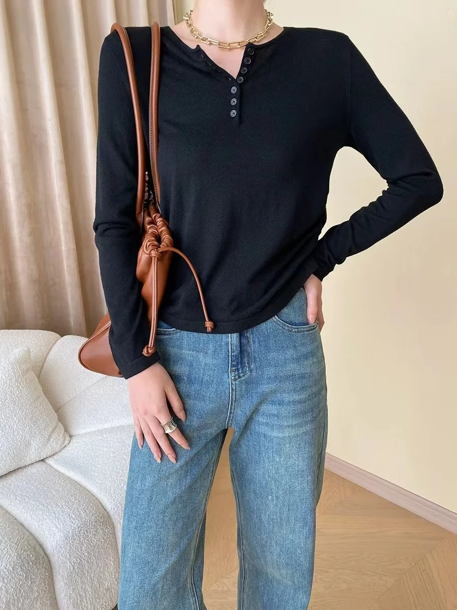 

French Vintage Casual Design With Button Placket For Early Autumn 6% Wool Base Solid Color Knit Shirt For Fashionable Women's