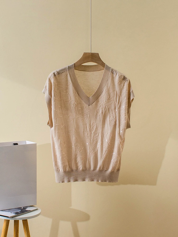 

Women 2024 New Summer Sequined 100% Linen V-neck Sleeveless Loose Pullover Knitted T-Shirts