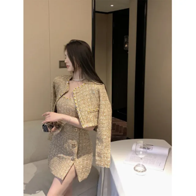 하이 퀄리티 프렌치 스몰 향기로운 트위드 투피스 세트