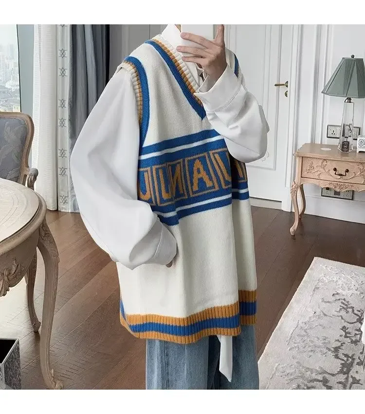Spring Autumn Fashion V-neck Color Block Backless Sweater Loose Letter Knitted Shirt Cover Head Marque Men Teenagers