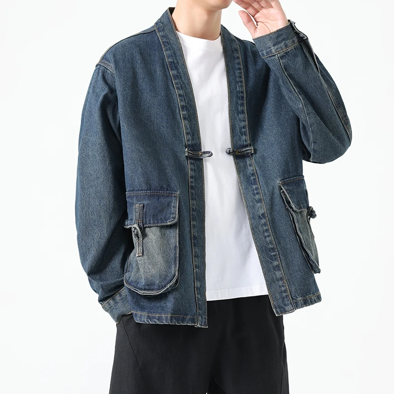 Fashion Men Denim Jacket Cotton Kimono Haori Japanese Pocket Cardigan Coat Vintage Traditional Asian Jackets Clothing