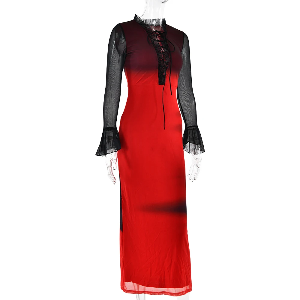 Elegant Long Sleeved Lace Up Elastic Tight Tie Dye Gradient Women Evening Dress Bodycon Sexy Female Dress Party Vestido