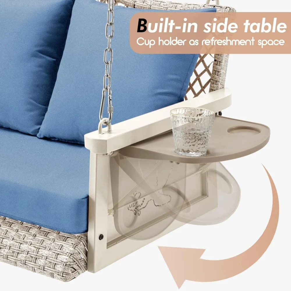 Upgraded Wicker Hanging Porch Swing Heavy Duty 900 LBS 3-Seat Outdoor Patio Swing Chair Bench for Adult w/ Hanging Chains 4
