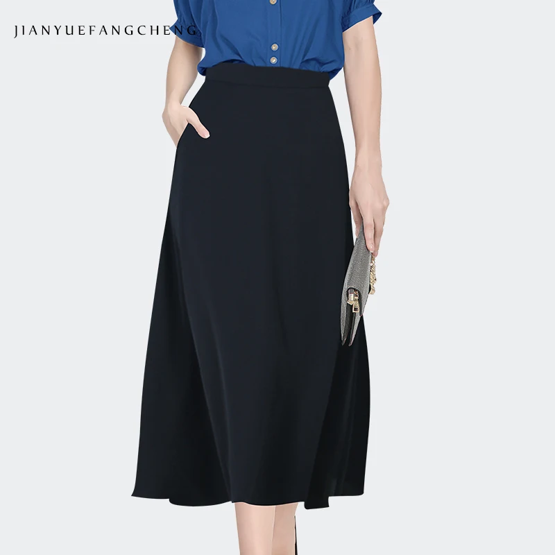 

Mid-Length Skirt Womens Spring Summer High Waist A-Line Dark Blue Skirts Fashion Casual Slim Female Bottoms With Pockets