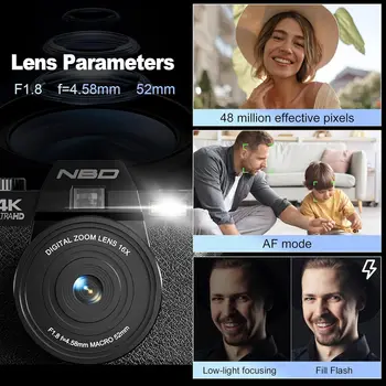 NBD 4K Digital Cameras for Photography,48MP Camera,Travel Vlogging Cameras with 16X Digital Zoom,180°Flip Screen,52mm Macro Lens 3