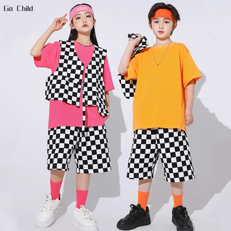 힙합 소년 솔리드 티셔츠 격자 무늬 조끼, 스트리트 댄스 반바지, 여아 여름 학교 의류 세트, 어린이 스트리트웨어, 유치원 의상