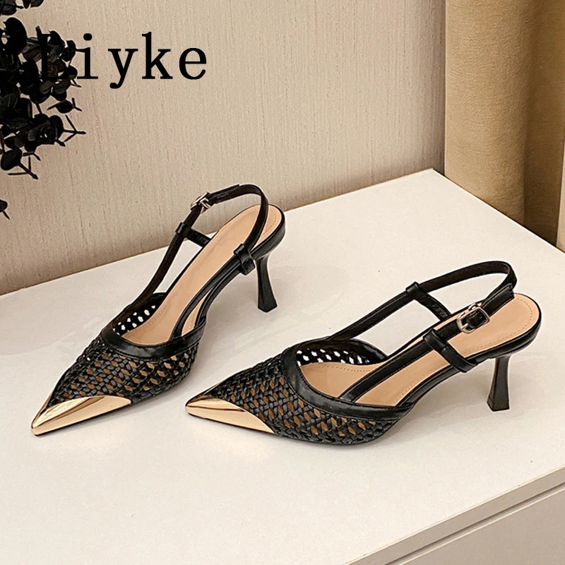 Liyke 2024 Spring Slingback Shoes Women Black White Fluffy Feather Round Toe Strip Pole Dance Extreme High Heels Platform Pumps