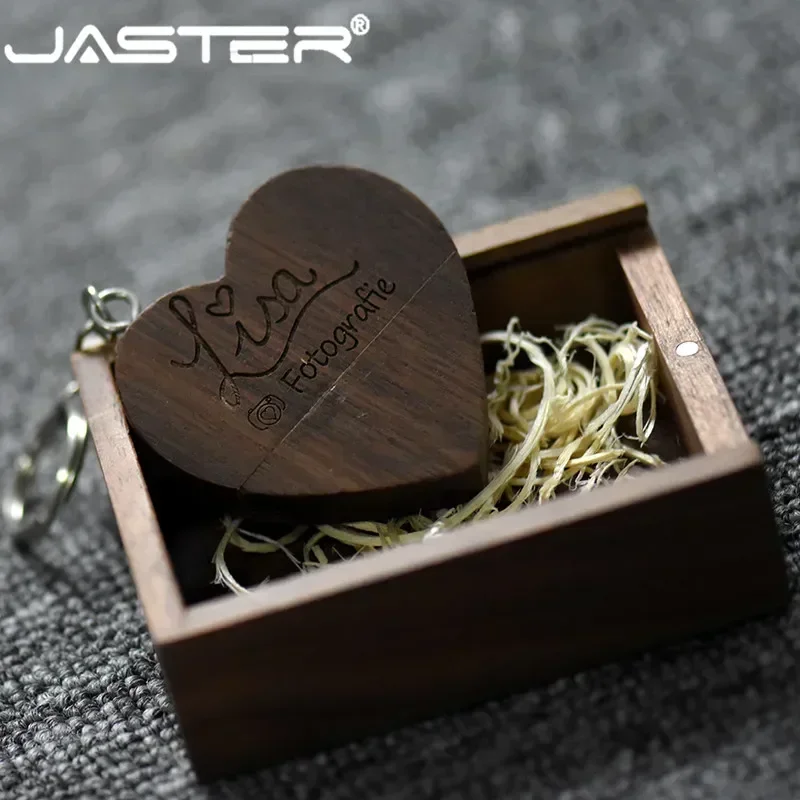 JASTER Free Custom Logo Walnut Wooden Heart + Gift Box USB Flash Drive 8GB-64GB Memory Stick U Disk