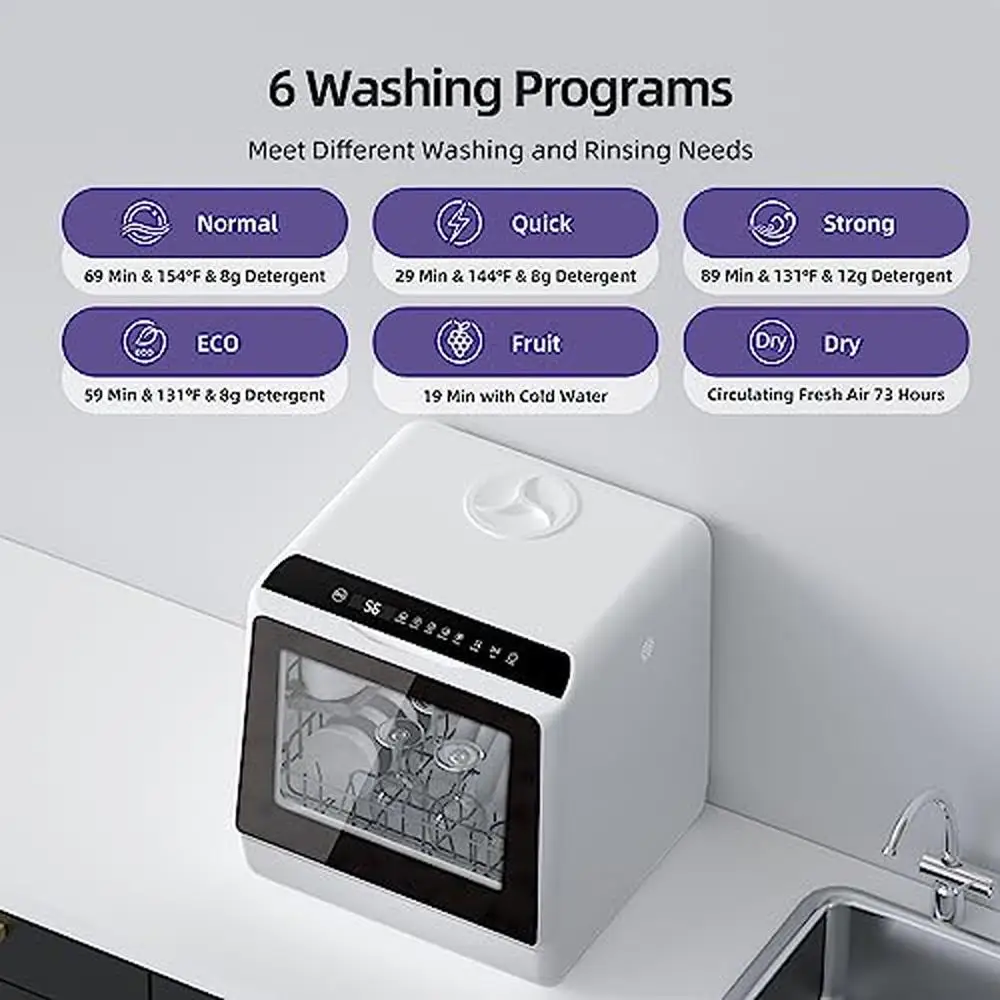 Portable Countertop Dishwasher 5L Water Tank & Hose 6 Washing Programs Air-Dry Compact Design Fast & Efficient High-Temperature 2