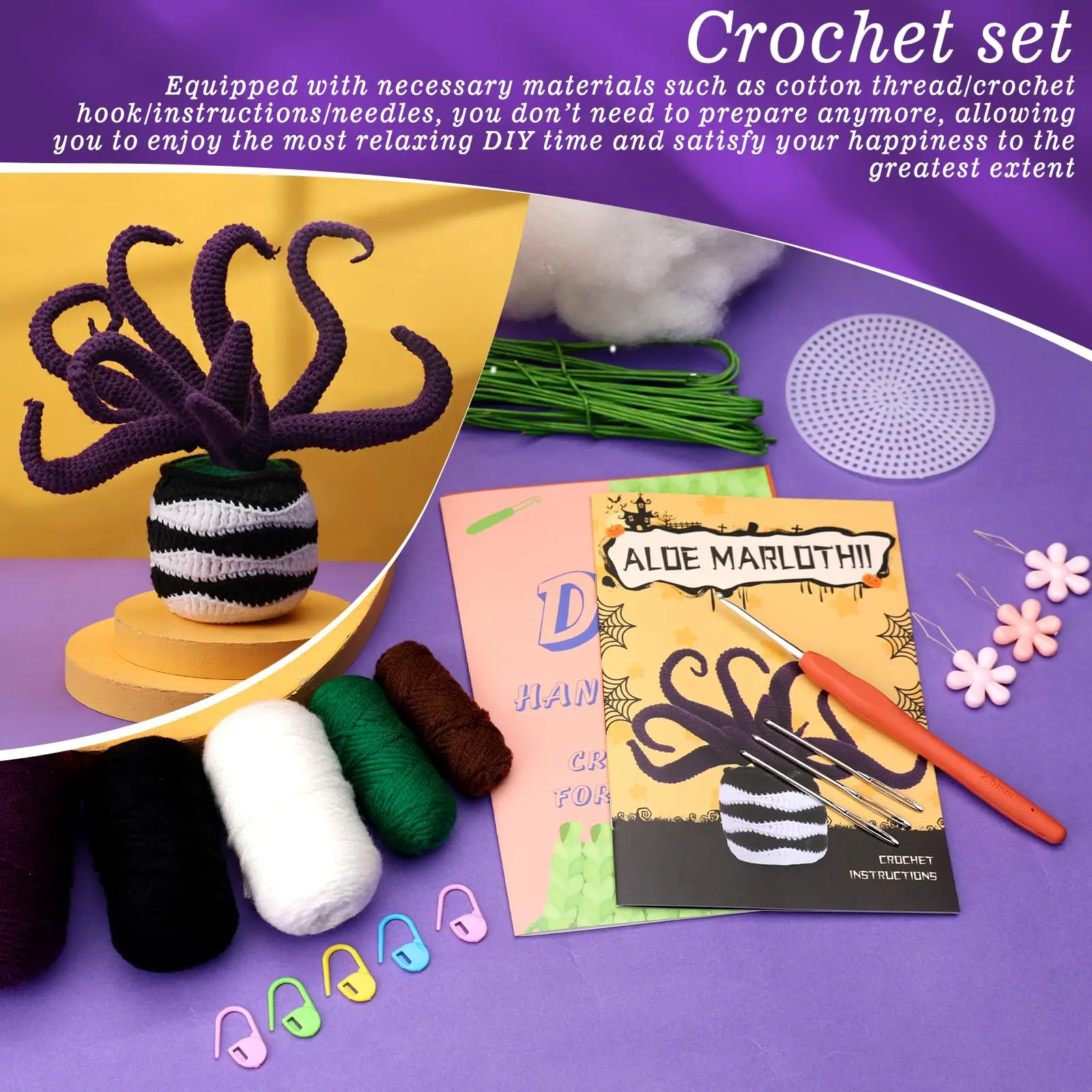 Fenrry Aloe Vera Crochet Kit Potted Plants Beginners Knitting Kit with Crochet Hook Yarn Step-by-Step Video Tutorial