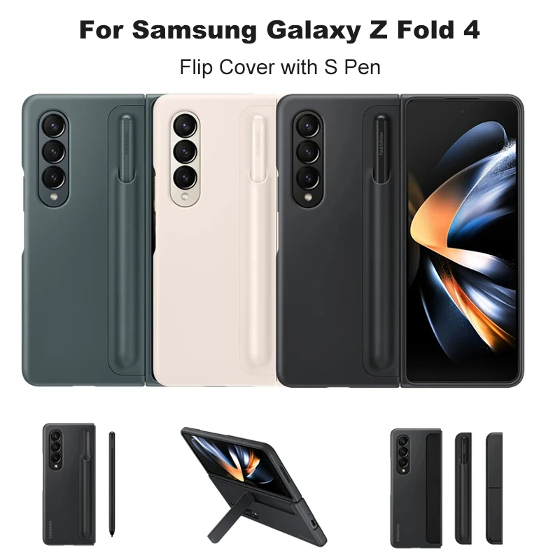 

Original For Samsung Galaxy Z Fold 4 Case with Kickstand and S Pen Holder Back Protector Standing Cover SPen Pocket For Z Fold4