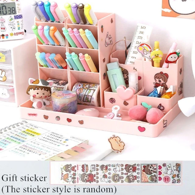 Kawaii Desktop Storage Box Organizer Set Drawer Cute Plastic Desk Storage  Shelf Office Desktop Organizer Pen Holder Storage Box