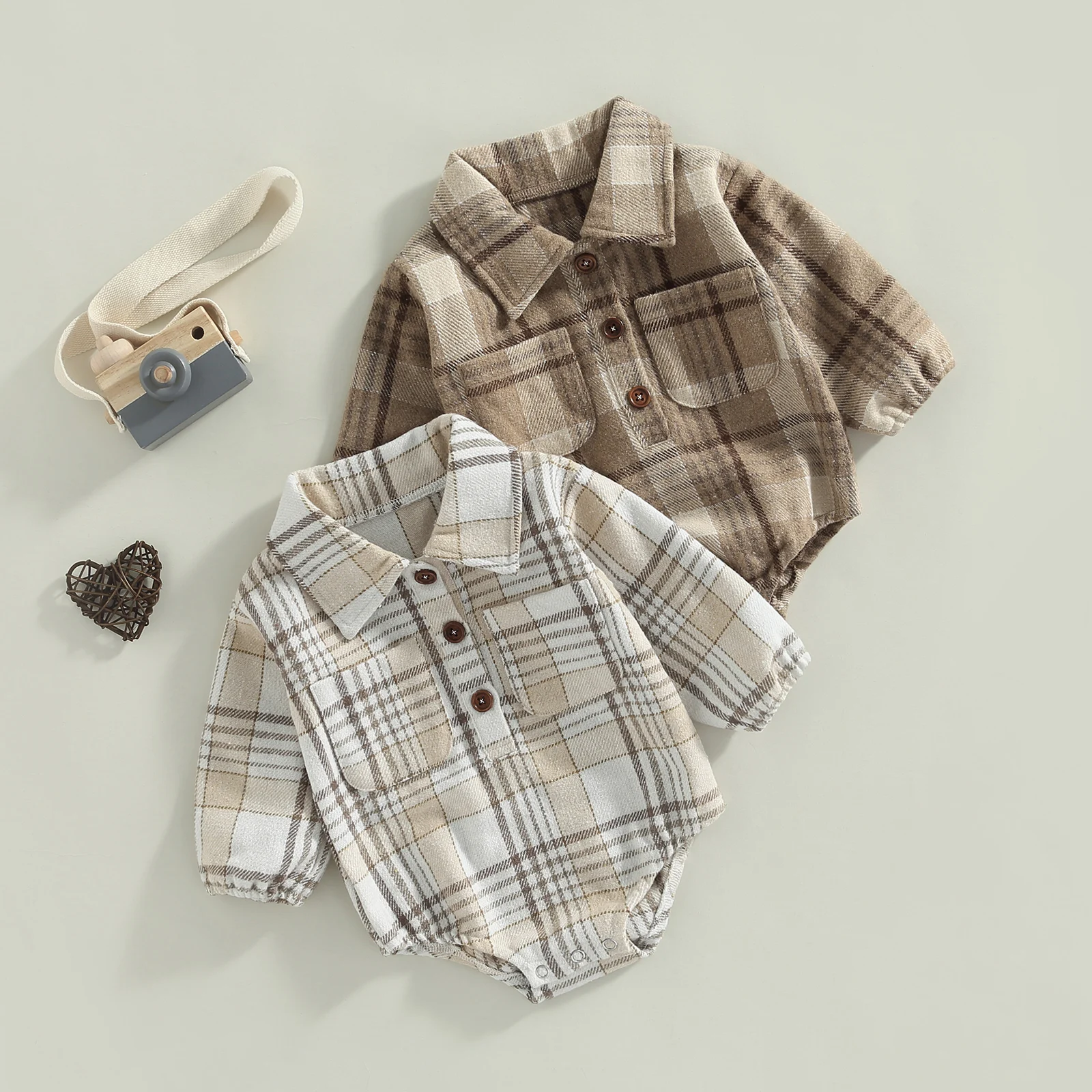 Infant Baby Boy Romper Buttons Lapel Long Sleeve Vintage Plaid Pattern Jumpsuit with Pockets