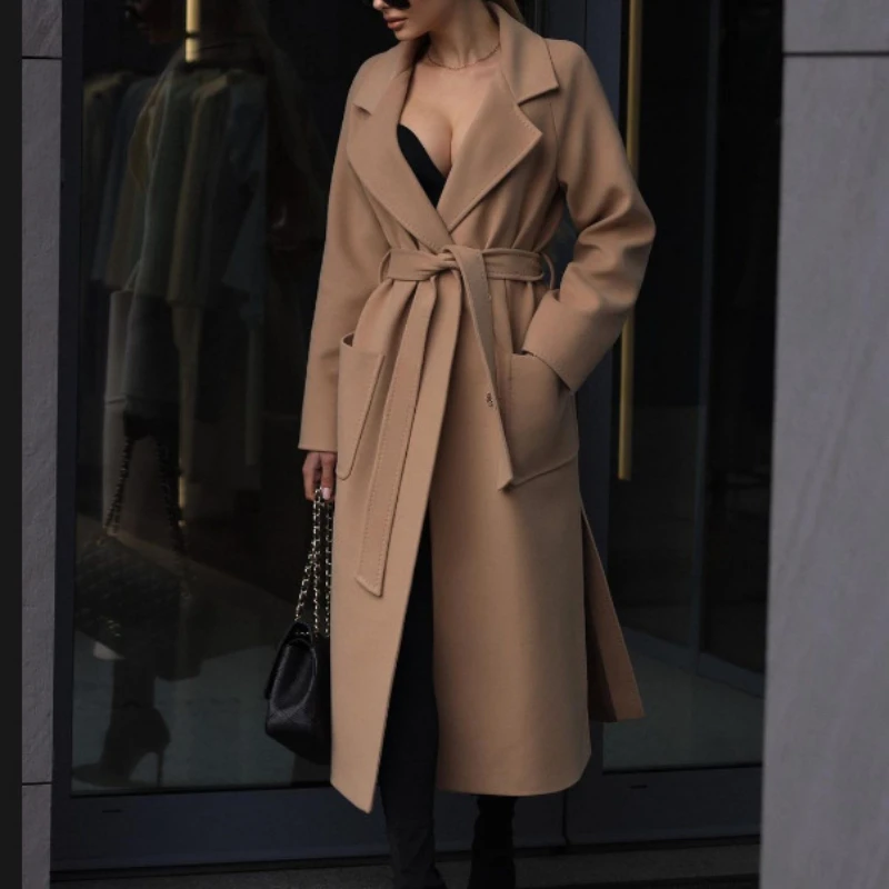 Autumn New Double-sided Turn-Down Collar Wool Coat Solid Color Long Coat With Belt 02332 women double sided brushed yoga pants hip lifting high waist tights stretch fitness leggings with hidden pocket army green l