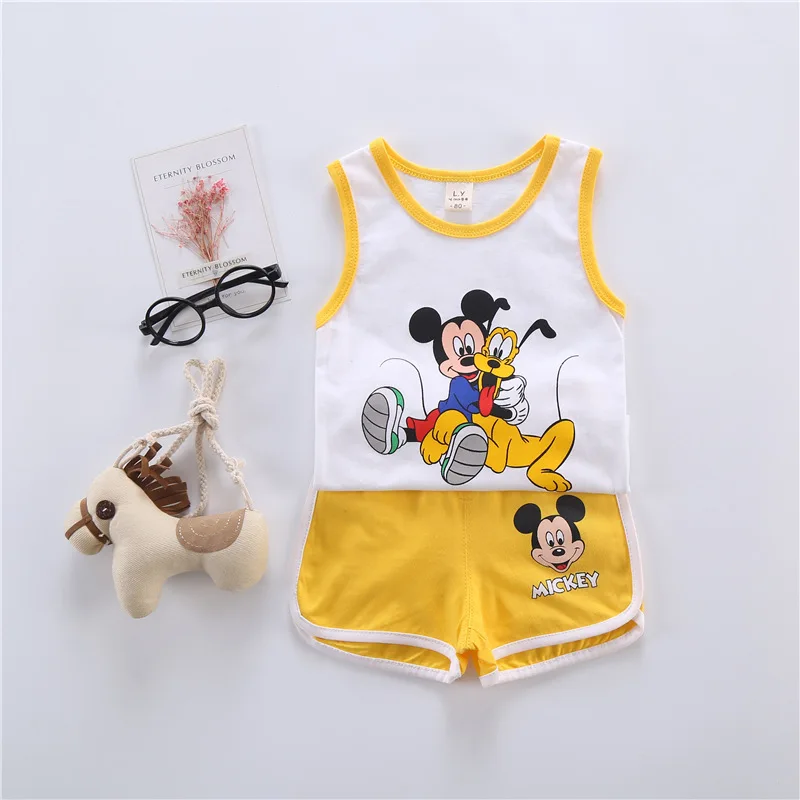 New Boys and Girls Mickey Cartoon Sleeveless Two-piece Children's Vest Shorts Suit Baby Cotton Sweat-absorbent Sports Suit warm Baby Clothing Set Baby Clothing Set