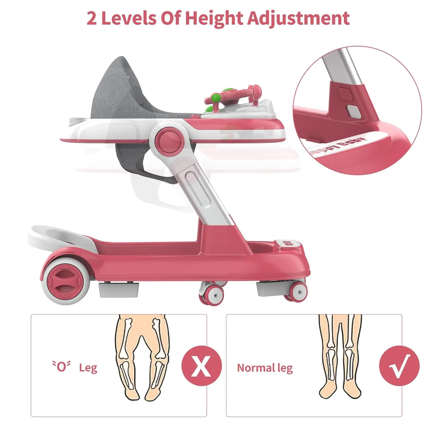 Baby Stroller 4 in 1 Foldable with Removable Toy Plate Music Light Height Adjustable Canopy
