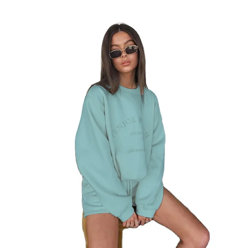 2023 Thick Fall Winter Two Piece Set Long Sleeve Jumpsuit for Women Casual Pullover and High Waist Shorts Suit 2 Pieces Warm Set