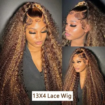 34 Inch 250 Density 13x4 Lace Front Brazilian Human Hair Wig Deep Wave Curly Highlight 4/27 Blonde Brown Natural Look For Women 1
