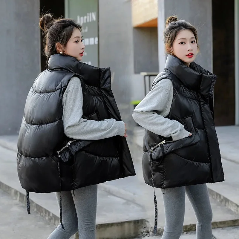 

2023 New Women Cotton Down Vest Loose Waistcoat Warm Padded Puffer Vests Sleeveless Parkas Black Jacket Outerwear Winter Clothes