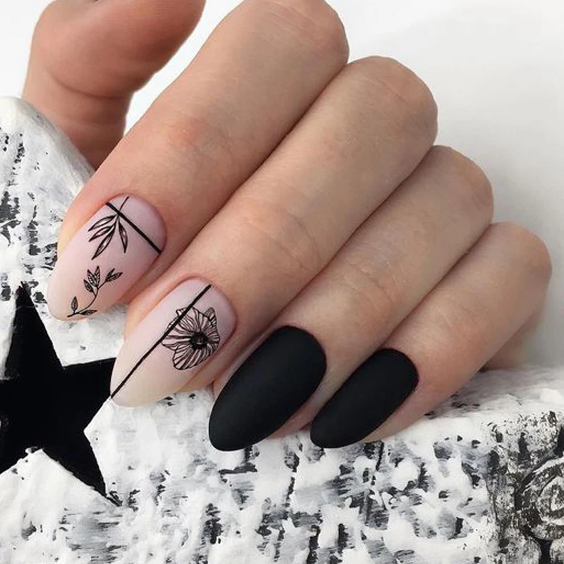 12patterns Black Flower Slider Nail Sticker Flower Water Transfer Decals Nail Art Tattoo Summer Salon Tips Accessories