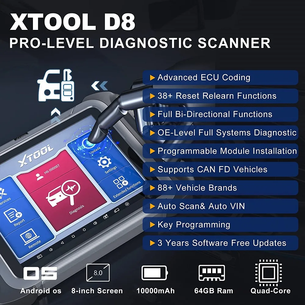 XTOOL D8 자동차 진단 스캔 도구, ECU 코딩, 양방향 제어, 38 개 이상의 서비스, 키 프로그래밍, ABS 블리딩