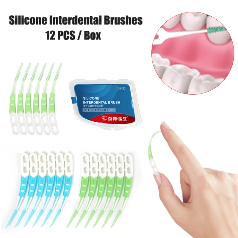 

12Pcs/Box Silicone Interdental Brushes Toothpicks Brushes Between Teeth Silicone Toothpicks With Thread Oral Cleaning Tools