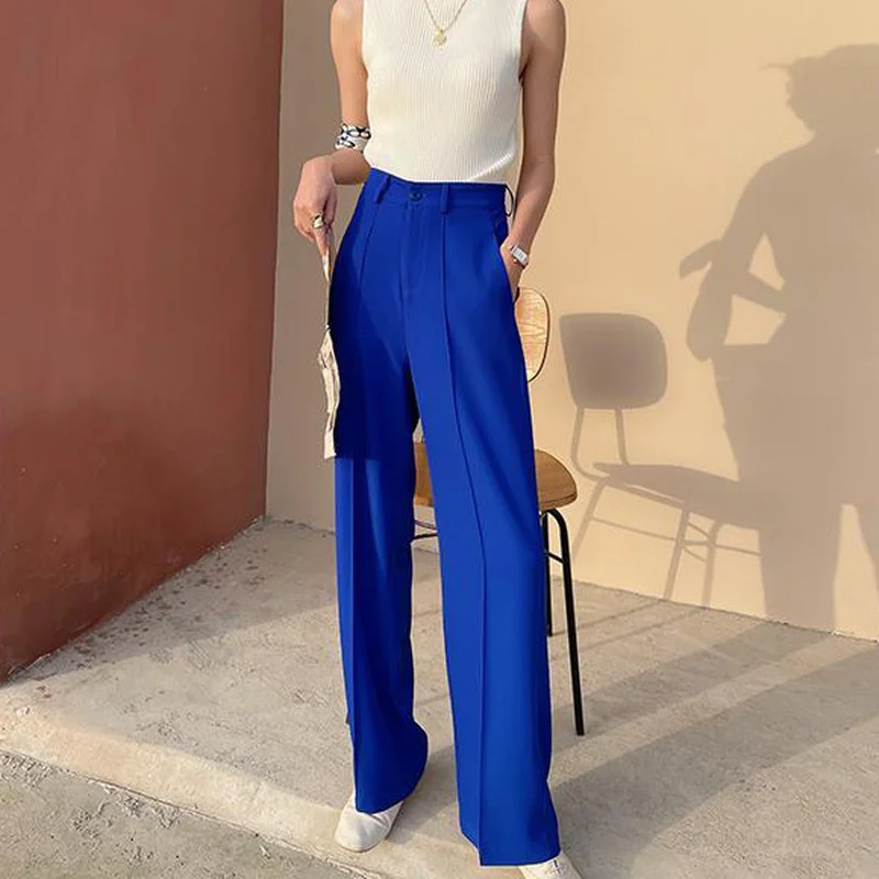 Blauw wit wijde pijpen broek lente 2022 dames losse broek kantoor full length hoge taille wijde broek voor dames| | - AliExpress