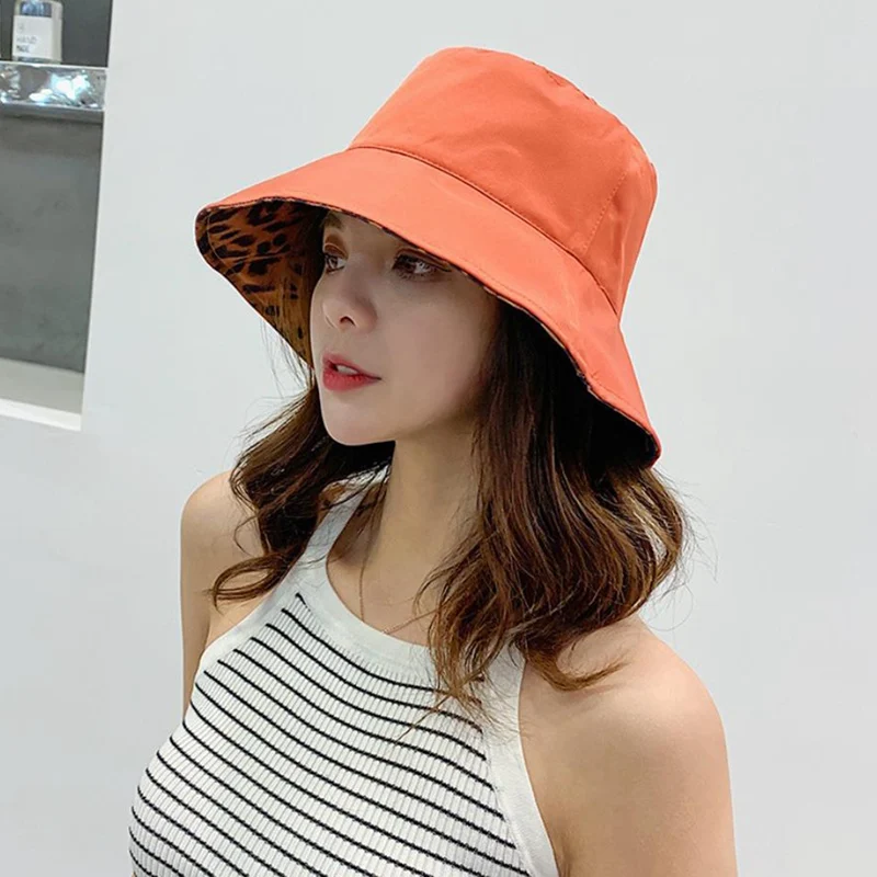 Leopard Reversible Bucket Hat Women Beach Panama Sun Hats Outdoor Wedding Party Summer Travel Caps Breathable Cotton