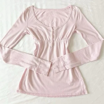 Kawaii Y2K aesthetic women's long-sleeved T-shirt sexy slim chic casual solid color button-down tops sweet cute girly streetwear 1