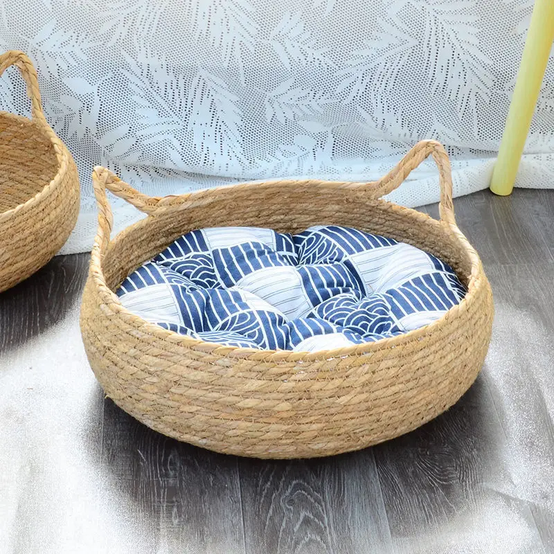 OUZEY Rattan Weaving Cat Basket Pet Cat Bed With Cushion Soft Warm Puppy Kitten Bed Donut Round Comfortable Sleeping Cat House — view 3