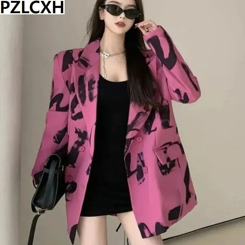 

2023 New Small Suit Woman Spring Autumn Hong Kong Wind High-grade Sense of Long Relaxed Casual Fashion Letter Printed Coat Tide