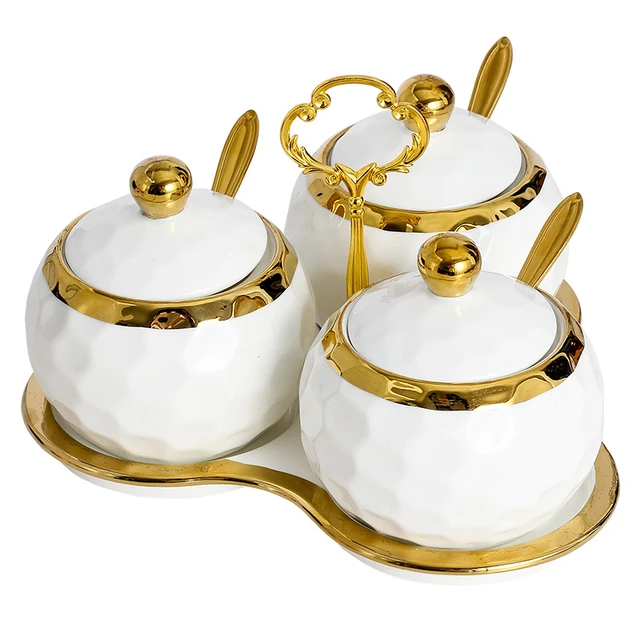 Ceramic Spice Jars With Lid White & Gold