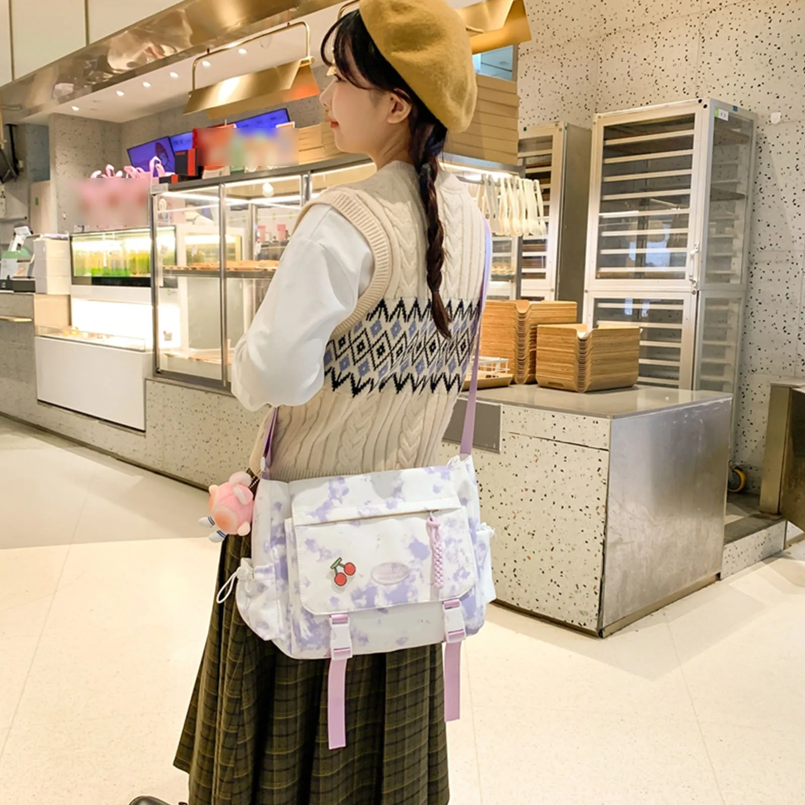 Women Nylon Crossbody Bag W/Pendant Tote Bag Laptop Bag Large Capacity for Travel Shopping Daily Use