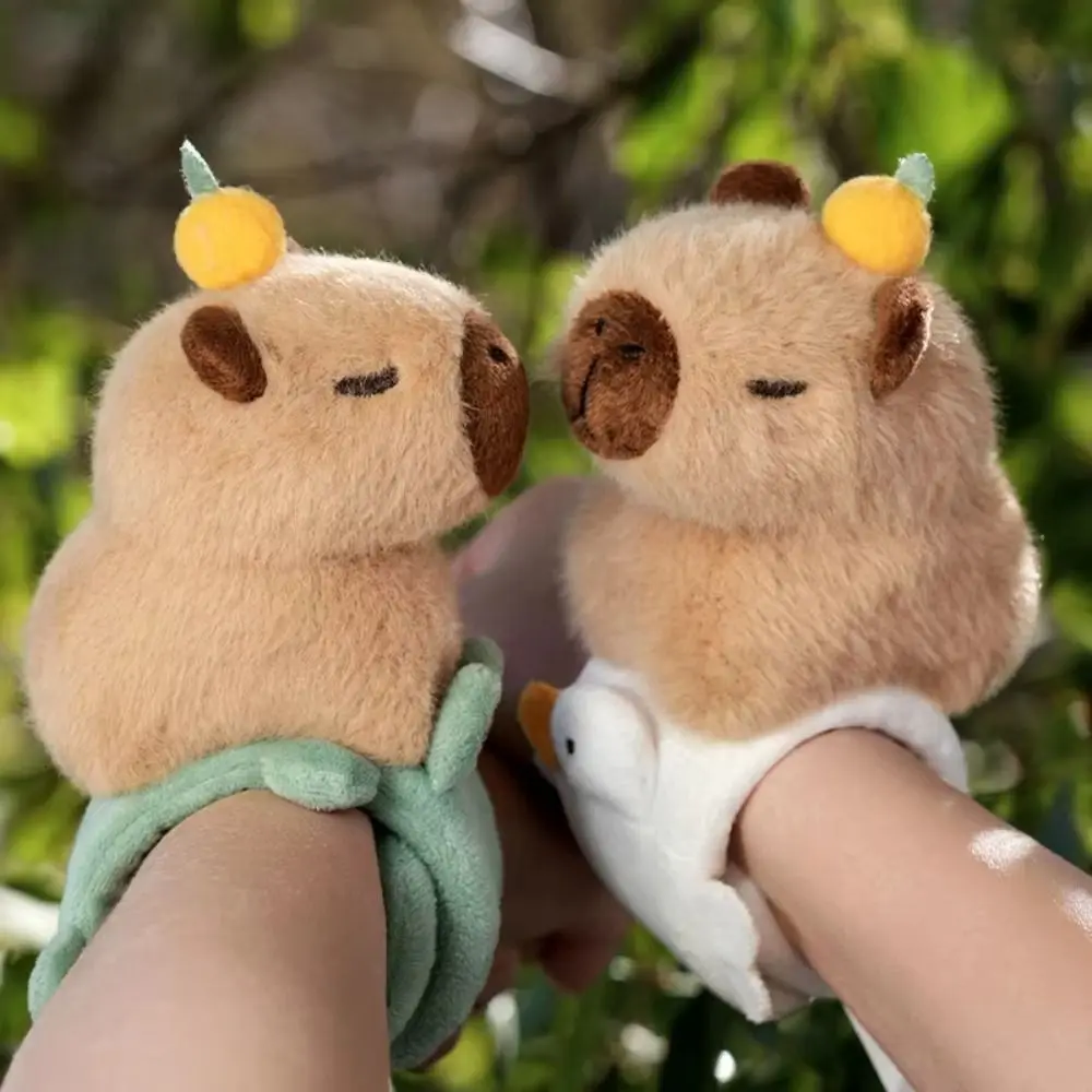 With Orange Capybara Plush Slap Bracelet Wristband Clap Circle Toy Capybara Slap Snap Doll Toy Fluffy Stuffed Animals