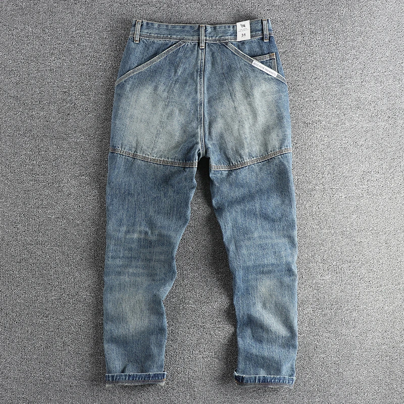 Q089# Spring New American Retro Denim Carpenter Cargo Jeans Men's 100% Cotton Washed Old Casual Multi-pocket Straight Pants