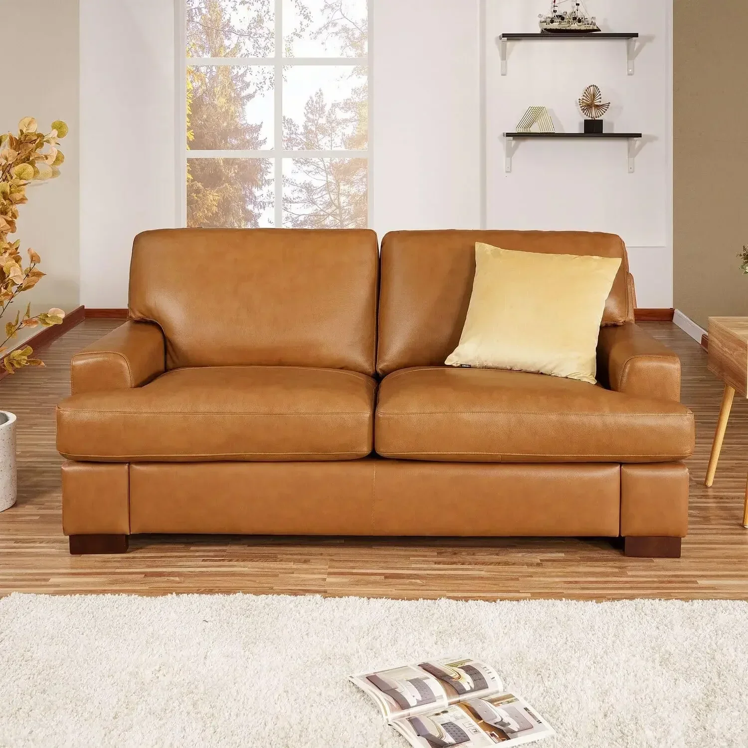 Hot Siggy Genuine Leather Sofa-Set of 3 Luxurious Comfort, Goose Feather Cushion Filling, Square Arm Design, Sturdy Block